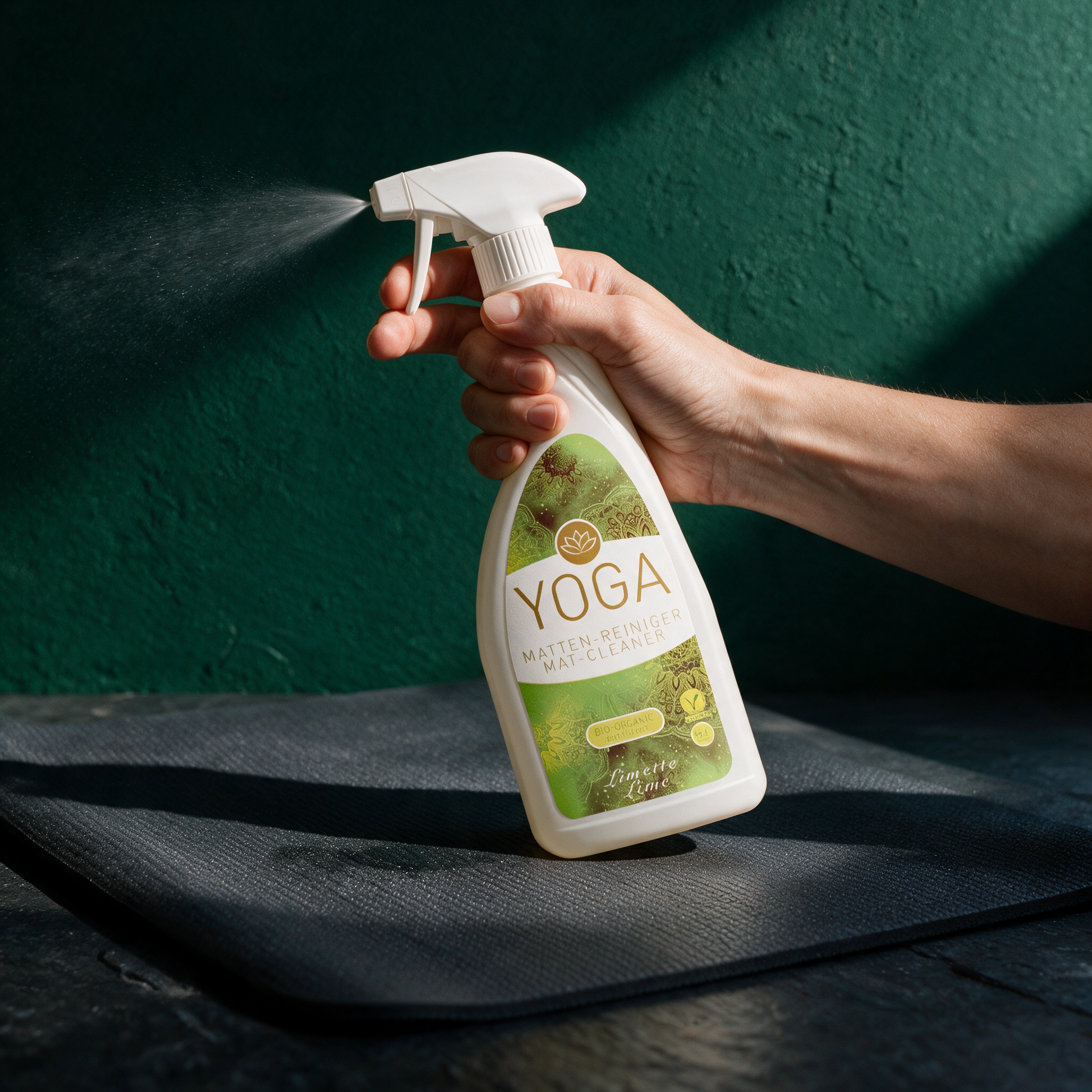 Bio-Yogamattenreiniger | Natürliche Hygiene für deine Matte – Anwendungsansicht in der smaragdgrünen Temple-of-Desire-Bildwelt