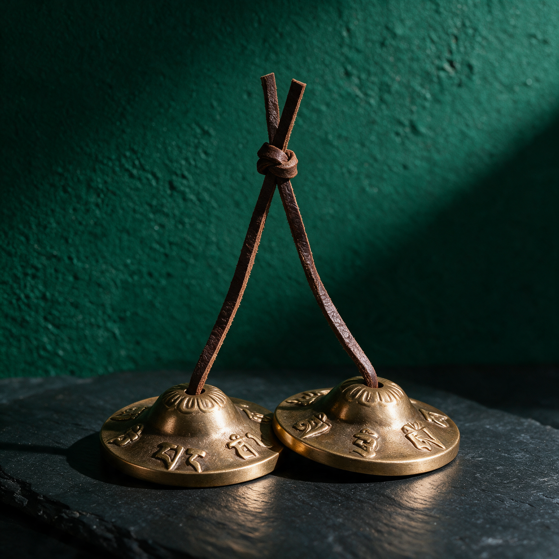 Zimbel mit OM-Relief | Klang für Meditation & Raumreinigung – reine Produktansicht in der smaragdgrünen Temple-of-Desire-Bildwelt