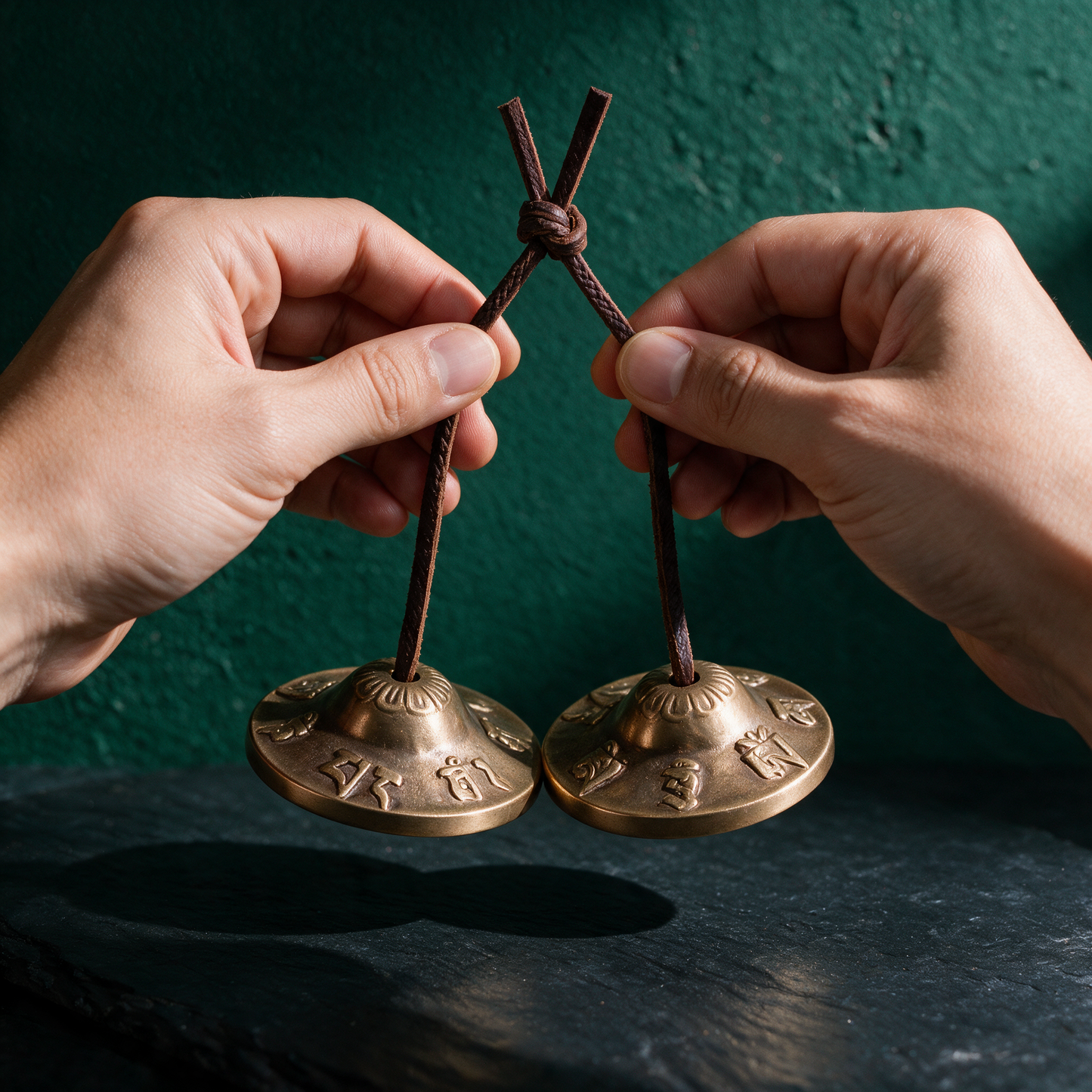 Zimbel mit OM-Relief | Klang für Meditation & Raumreinigung – Anwendungsansicht in der smaragdgrünen Temple-of-Desire-Bildwelt