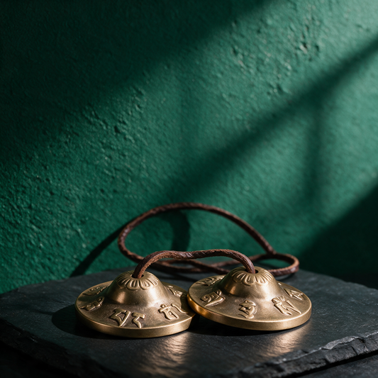 Zimbel mit OM-Relief | Klang für Meditation & Raumreinigung – stimmungsvolle Kontextansicht in der smaragdgrünen Temple-of-Desire-Bildwelt