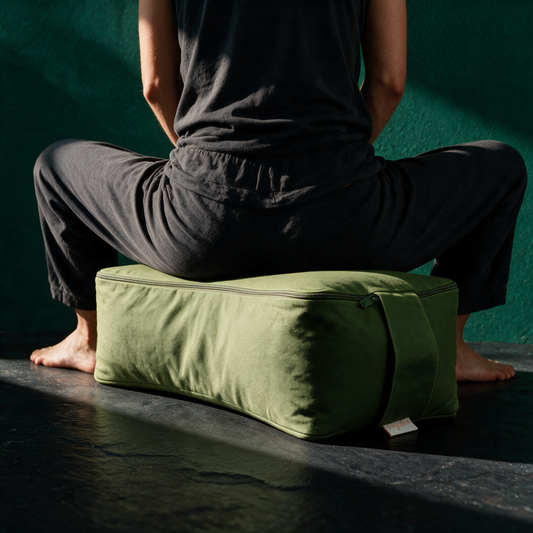 Meditationskissen SQUARE | Buchweizen-Yogakissen für aufrechten Sitz – Anwendungsansicht in der smaragdgrünen Temple-of-Desire-Bildwelt