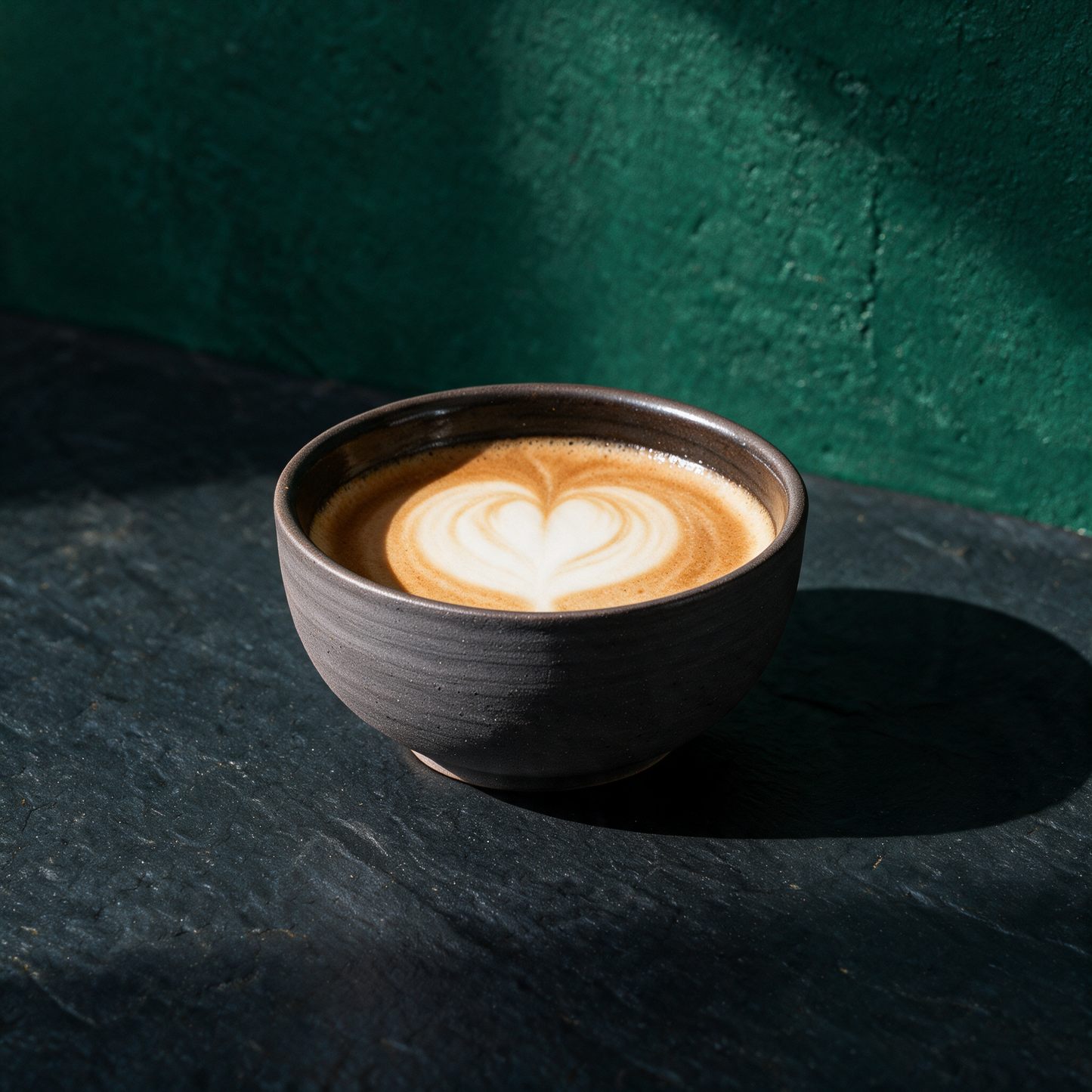 KUMO Cappuccino Tasse grau-schwarz | Handgedrehtes Steinzeug, 220 ml – Anwendungsansicht in der smaragdgrünen Temple-of-Desire-Bildwelt