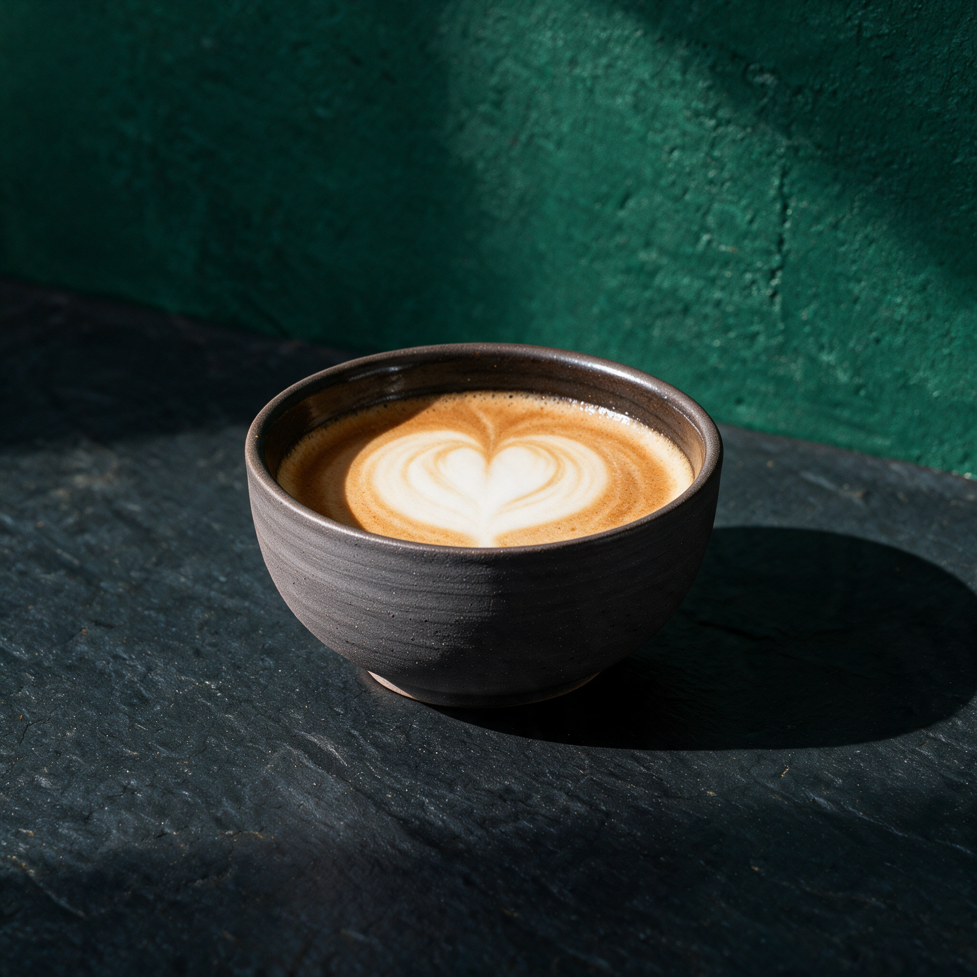 KUMO Cappuccino Tasse grau-schwarz | Handgedrehtes Steinzeug, 220 ml – Anwendungsansicht in der smaragdgrünen Temple-of-Desire-Bildwelt