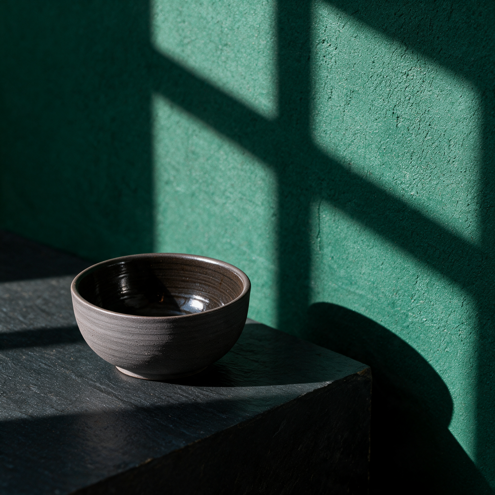 KUMO Cappuccino Tasse grau-schwarz | Handgedrehtes Steinzeug, 220 ml – stimmungsvolle Kontextansicht in der smaragdgrünen Temple-of-Desire-Bildwelt