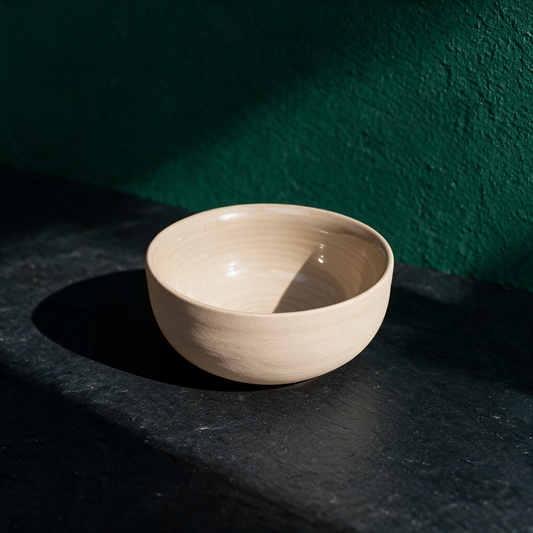 KUMO Cappuccino Tasse beige | Handgedrehtes Steinzeug, 220 ml – Material- und Detailansicht in der smaragdgrünen Temple-of-Desire-Bildwelt