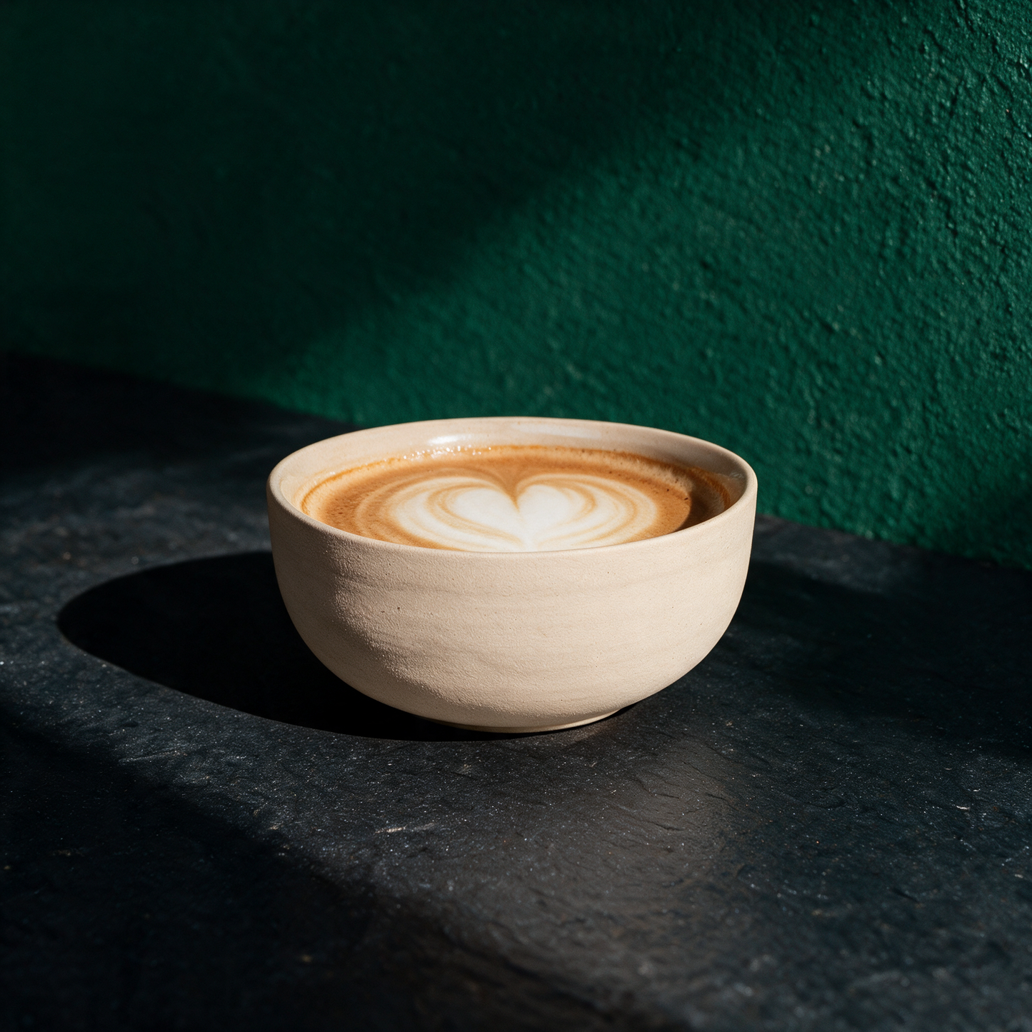 KUMO Cappuccino Tasse beige | Handgedrehtes Steinzeug, 220 ml – Anwendungsansicht in der smaragdgrünen Temple-of-Desire-Bildwelt
