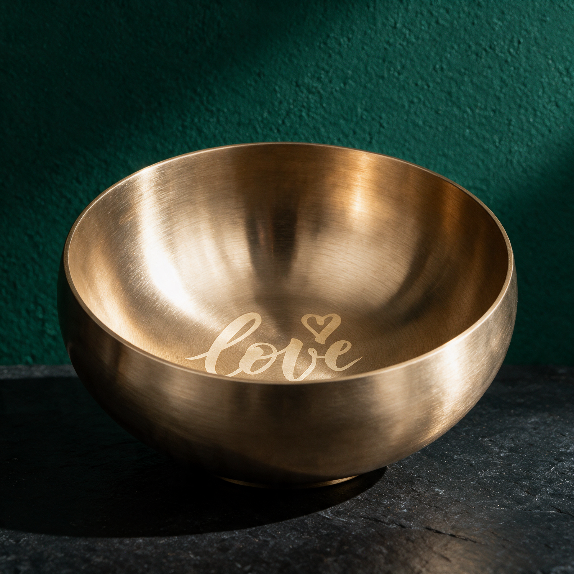 Klangschale love | Hess Sound Gravur-Schale für Herzensverbundenheit – reine Produktansicht in der smaragdgrünen Temple-of-Desire-Bildwelt