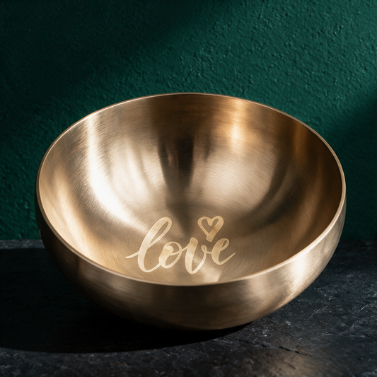 Klangschale love | Hess Sound Gravur-Schale für Herzensverbundenheit – Material- und Detailansicht in der smaragdgrünen Temple-of-Desire-Bildwelt