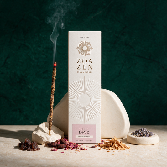 Self Love Zen Sticks | Palo Santo & Myrte Räucherstäbchen – Anwendungsansicht in der Temple-of-Desire-Bildwelt
