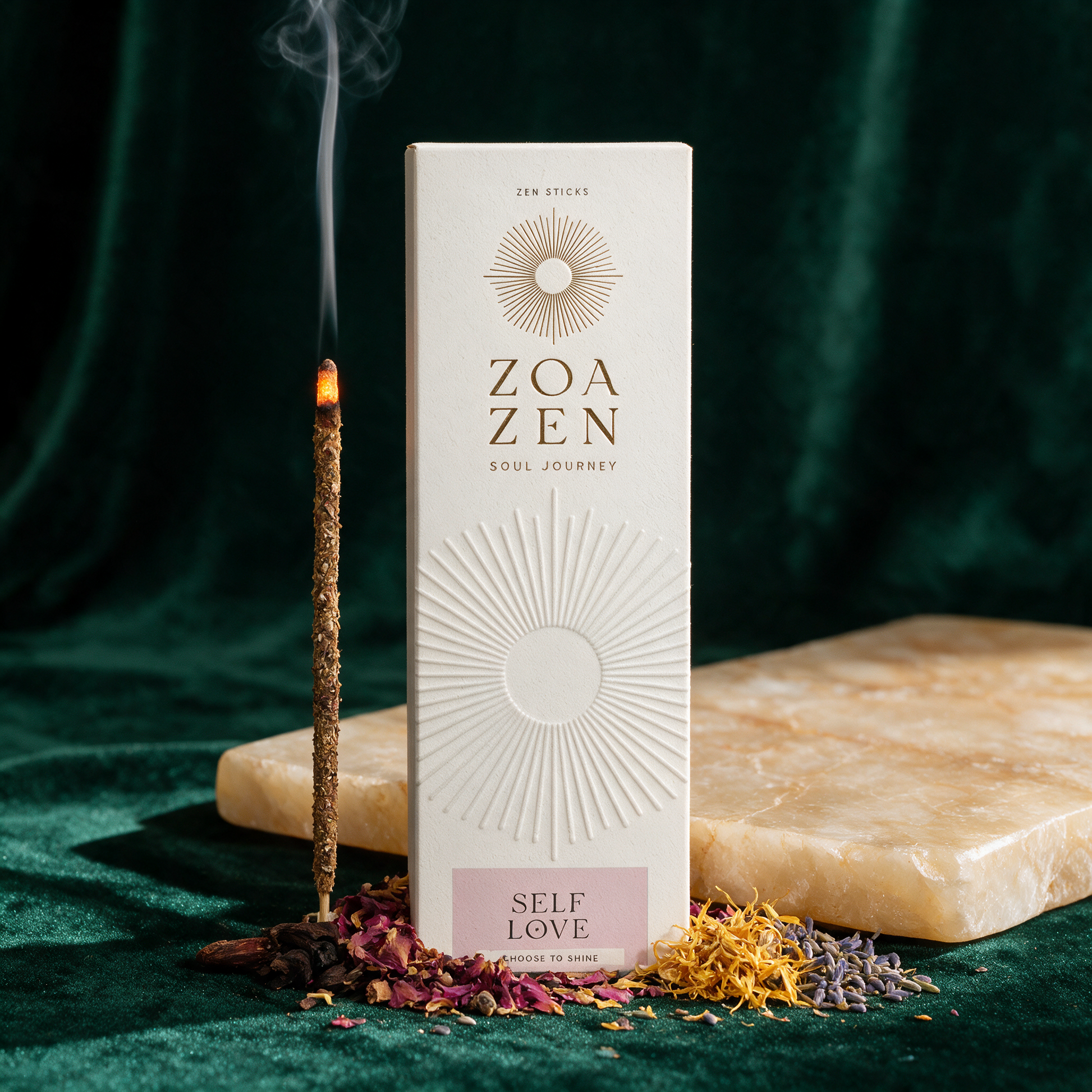 Self Love Zen Sticks | Palo Santo & Myrte Räucherstäbchen – stimmungsvolle Kontextansicht in der Temple-of-Desire-Bildwelt