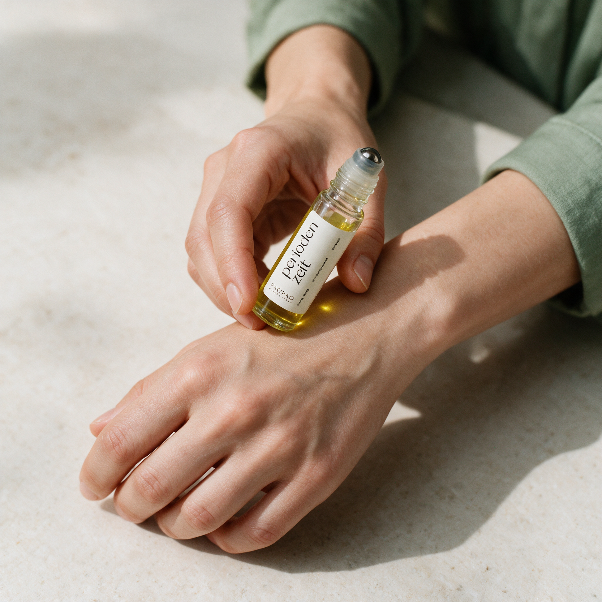 Periodenzeit Roll-On 8 ml | Ätherische Öle für die Zykluszeit – application abdomen in der Temple-of-Desire-Bildwelt