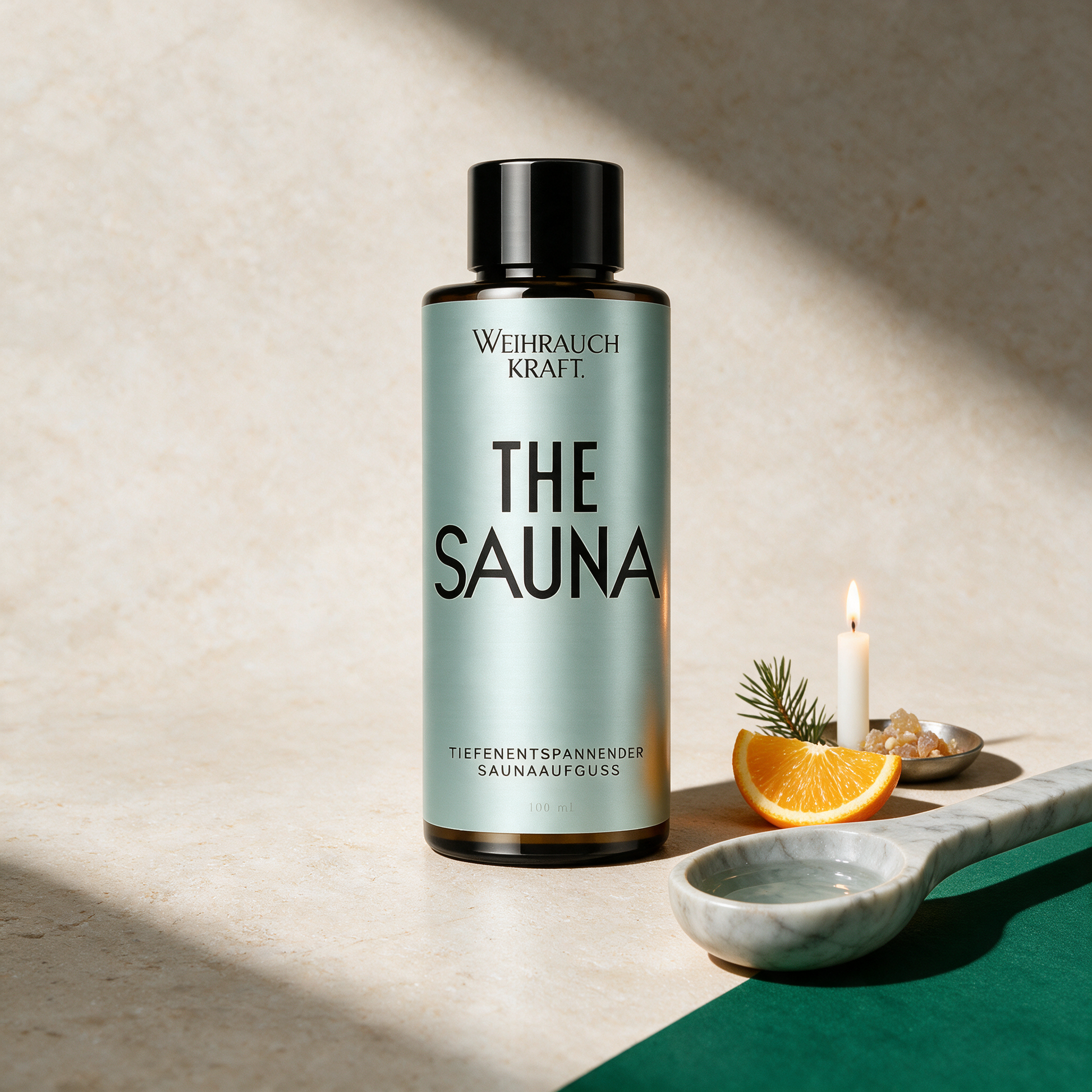 THE SAUNA | Saunaaufguss mit Weihrauch, Orange & Tanne – reine Produktansicht in der Temple-of-Desire-Bildwelt