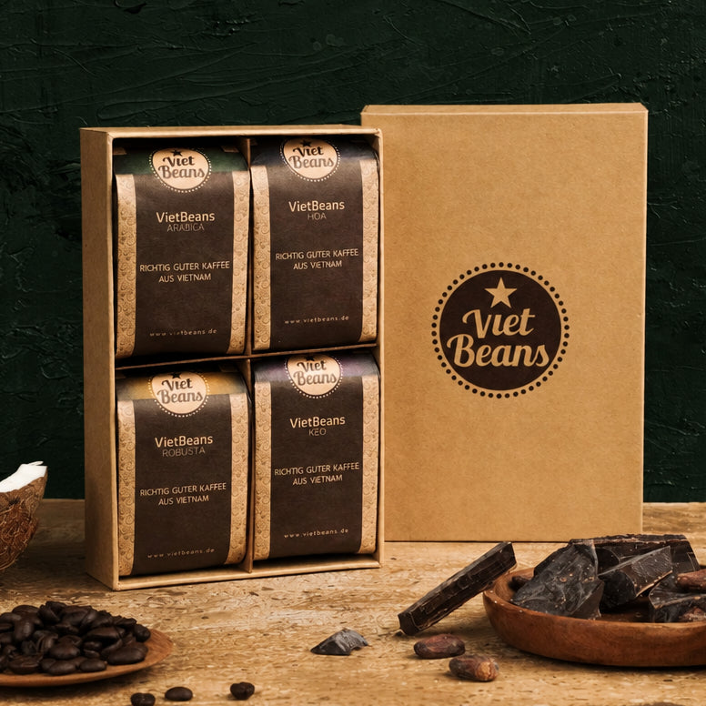 VietBeans Probierbox mit vier vietnamesischen Kaffees in der Geschenkbox