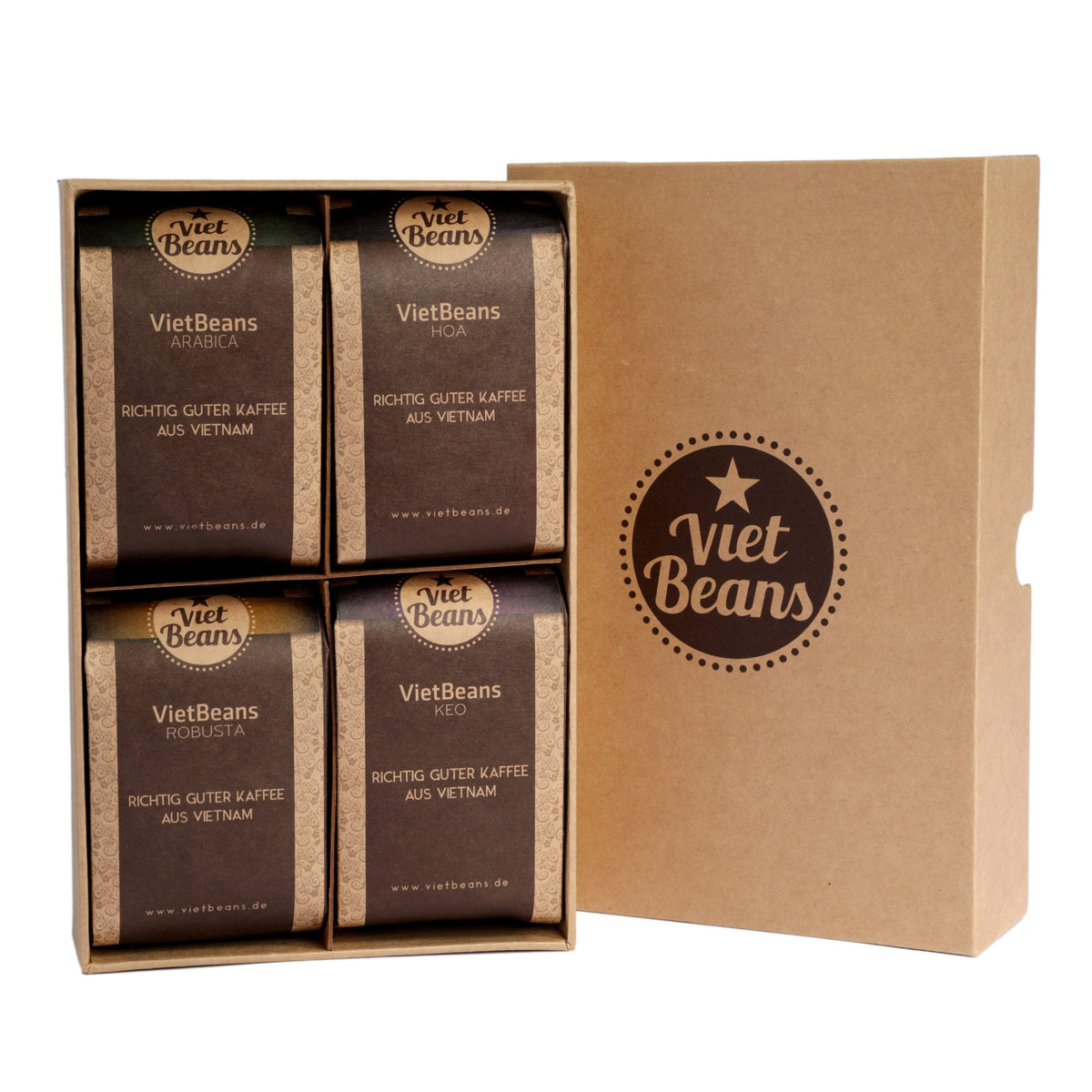 Probierbox von VietBeans mit Arabica, Keo, Hoa und Robusta, weitere Ansicht