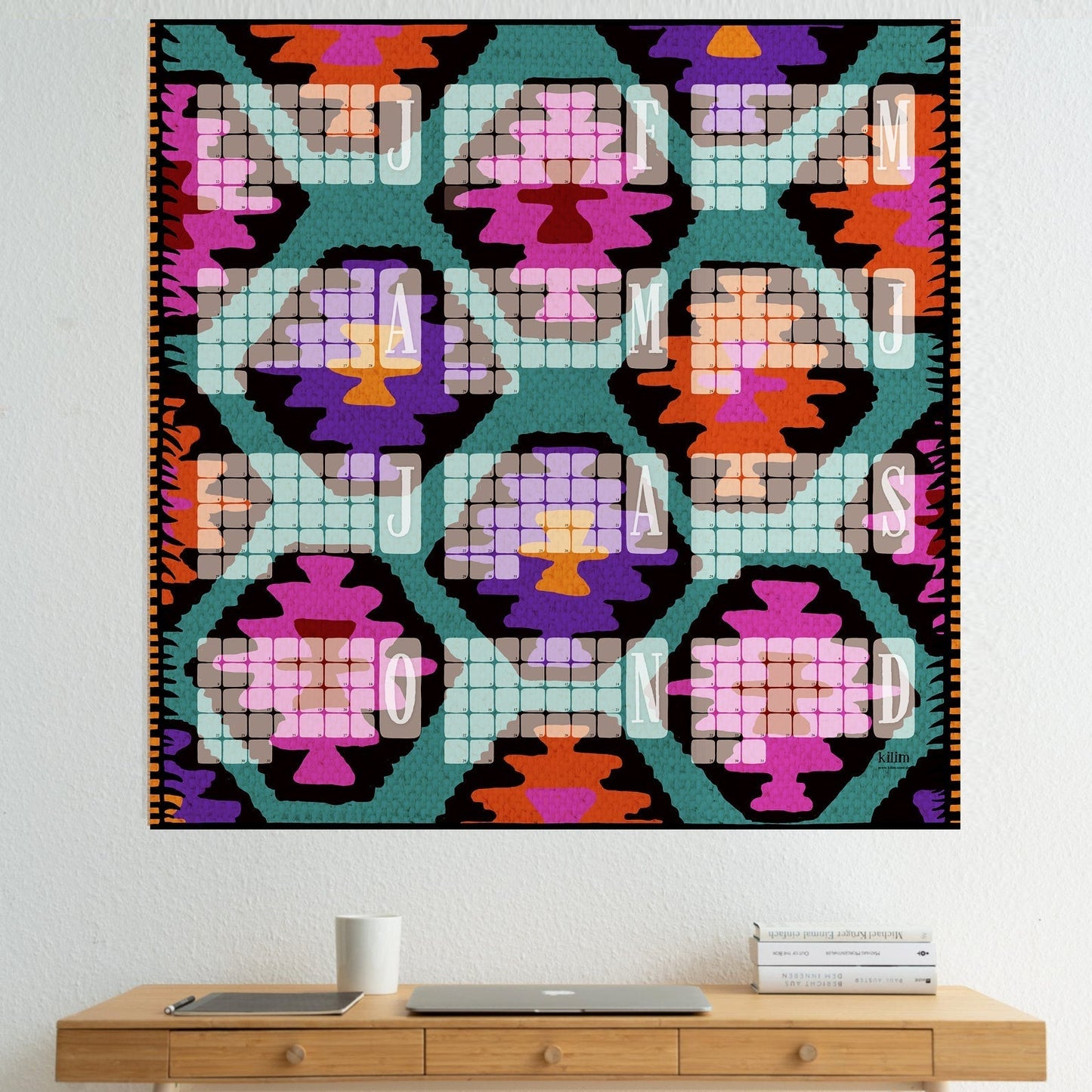 Fine-Art-Wandkalender Kilim Leo mint mit Leopardenmuster auf türkisem Grund