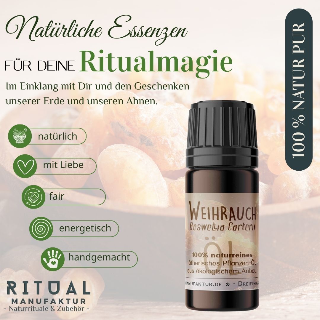 Weihrauchöl-Fläschchen mit dem Schriftzug „Natürliche Essenzen für deine Ritualmagie“