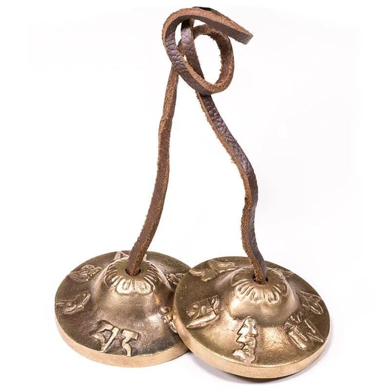 Zimbel mit OM-Relief aus Metalllegierung, 7 cm Durchmesser, an Schnur